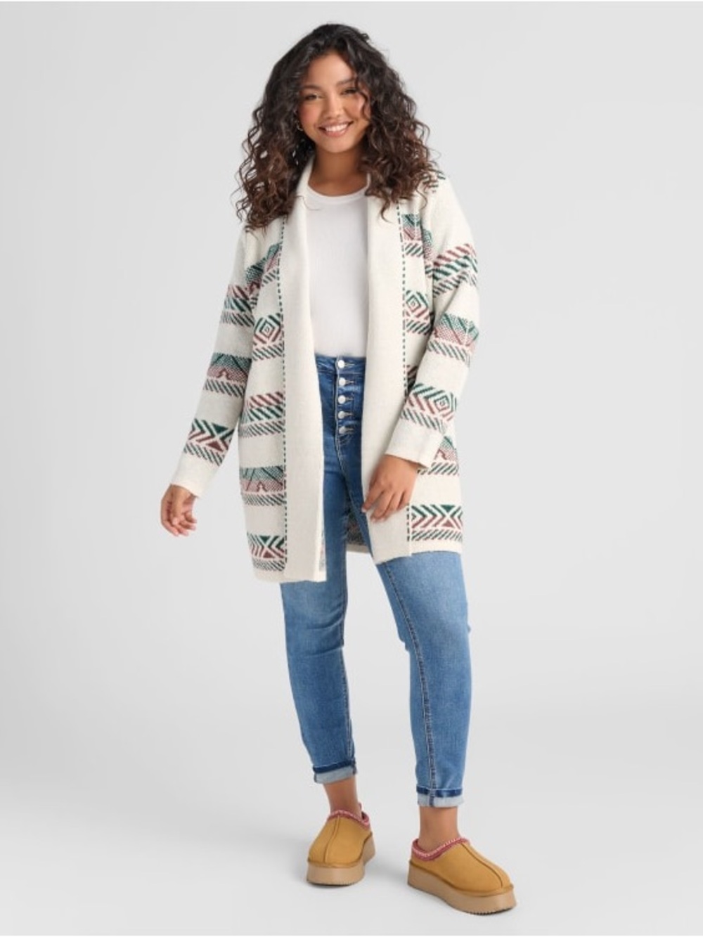 Staccato Cream Open-Front Geometric Knit Cardigan with Pink and Green Accents